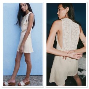 NWT Zara Round Neckline Crochet Appliqué Linen Mini Dress